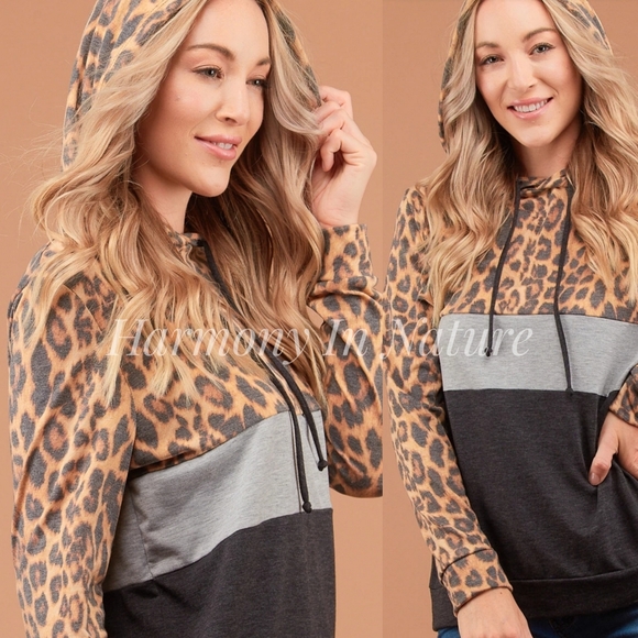 Tops - Leopard & Gray Color Block Hooded Pullover